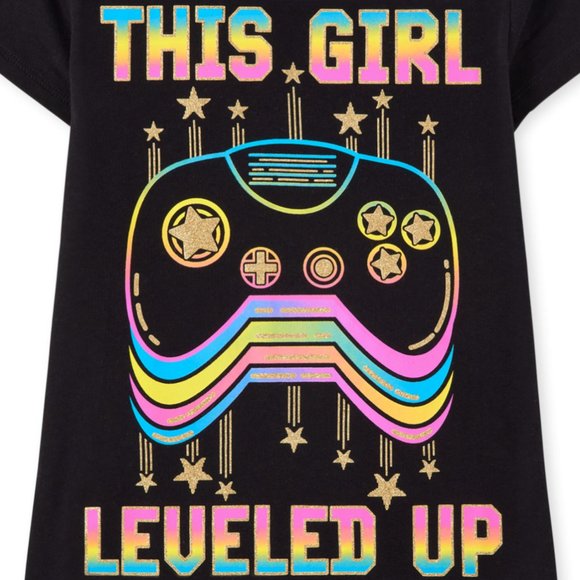 The Childrens Place Girl Level Up Gaming Graphic Tee-Black-Short Sleeve L(10/12) - Picture 2 of 4